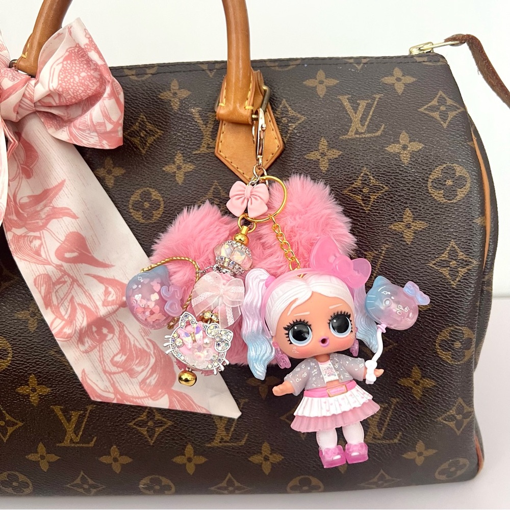 LOL Hello Kitty Bag Charm with Jumbo Heart Pom Pom, Fancy Deluxe Bead Keychain.